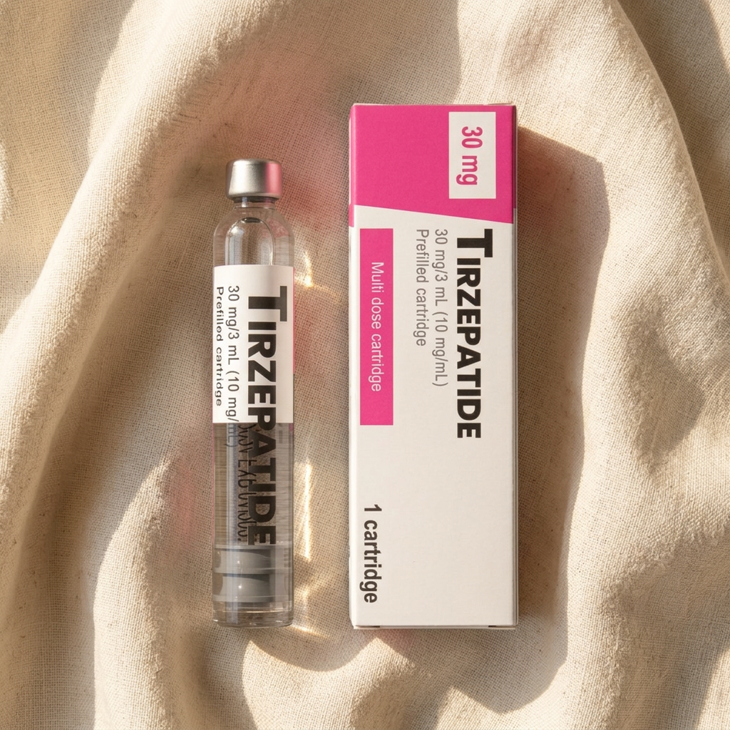 Sealed Tirz 30 mg cartridge beside its pink 30 mg carton