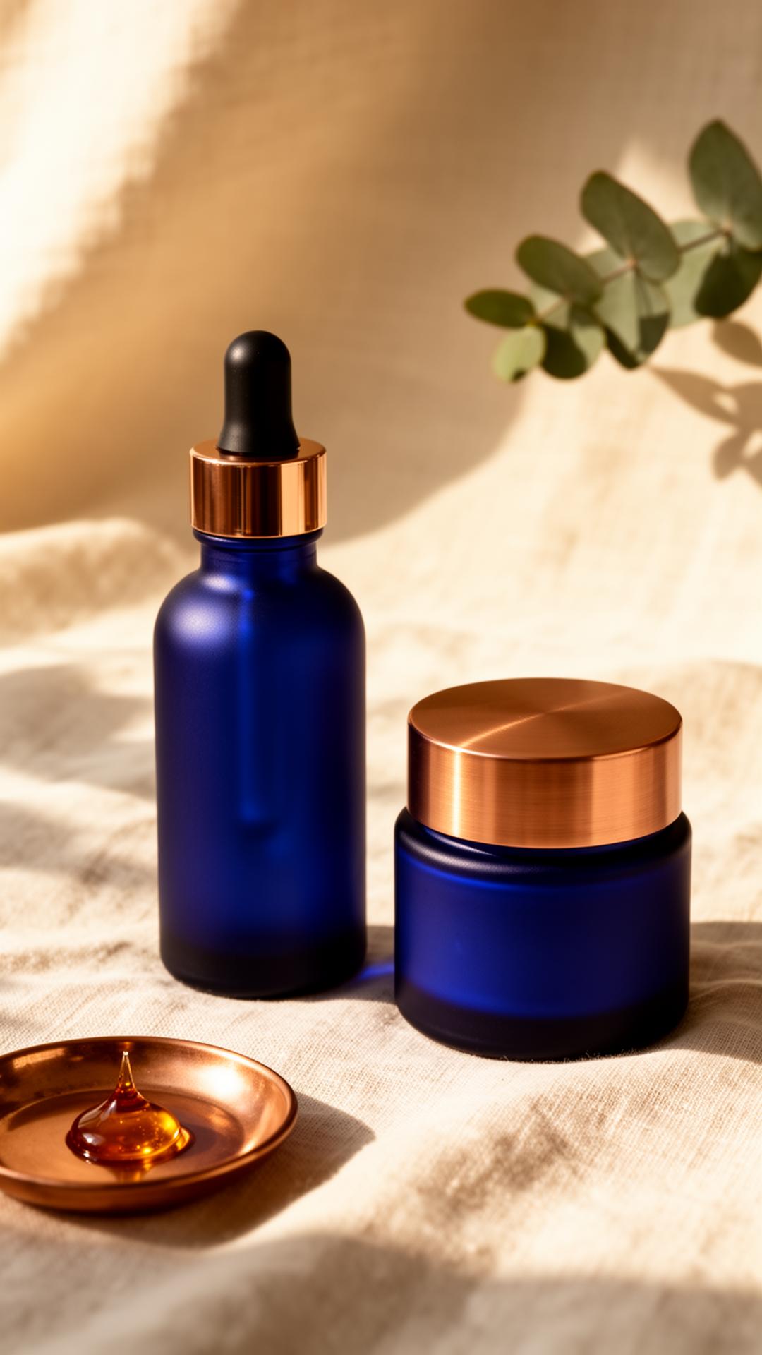 SummerPeptides cobalt-blue GHK-Cu peptide serum bottle and copper-lidded cream jar on warm cream linen, with eucalyptus and a small copper dish of amber serum.