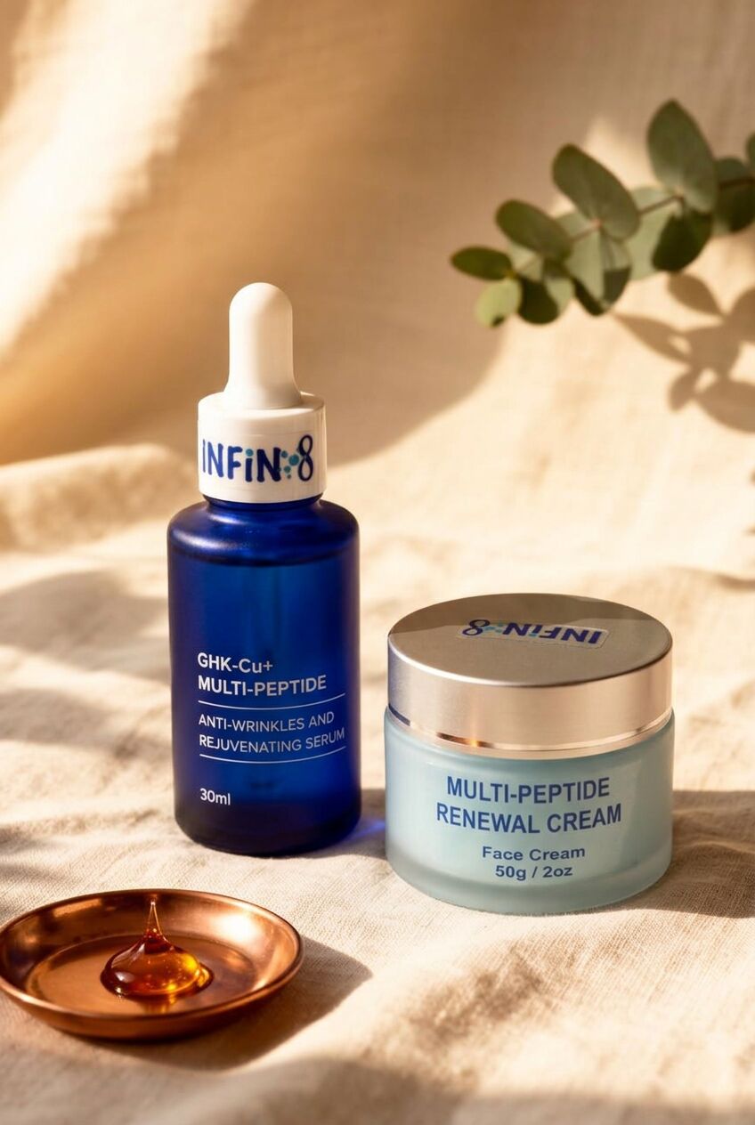 SummerPeptides cobalt-blue GHK-Cu peptide serum bottle and copper-lidded cream jar on warm cream linen.