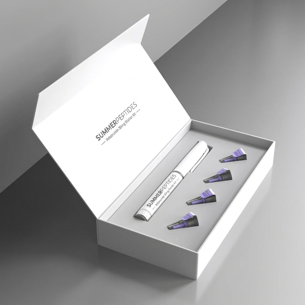 Open white SummerPeptides starter box holding a Retatrutide 30mg pen and four needle tips