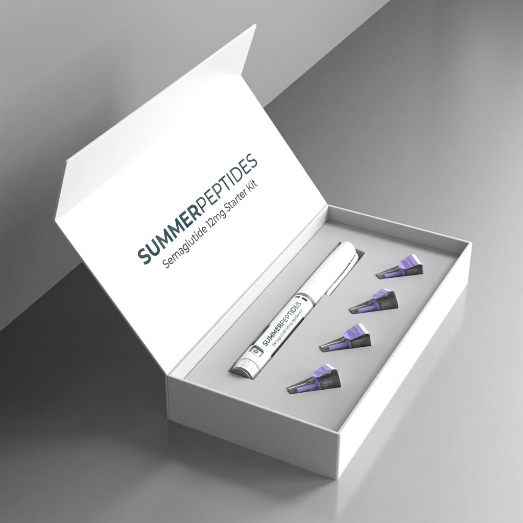 Open white SummerPeptides starter box holding a Semaglutide 12mg pen and four needle tips