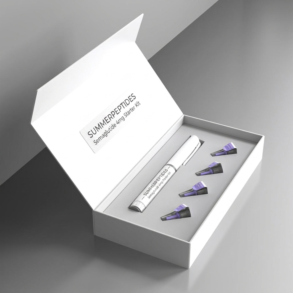 Open white SummerPeptides starter box holding a Semaglutide 4mg pen and four needle tips