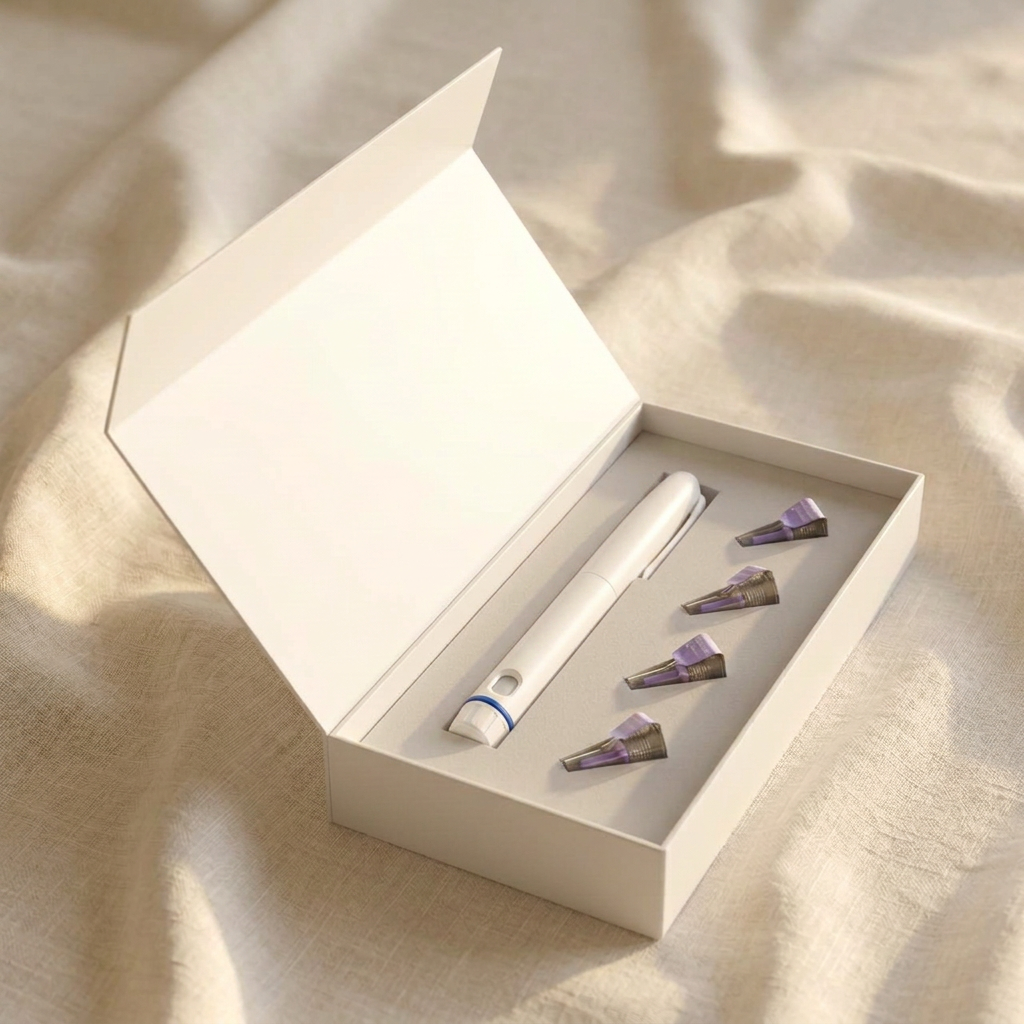 Reusable injector pen, cartridge and needles in an open cream box
