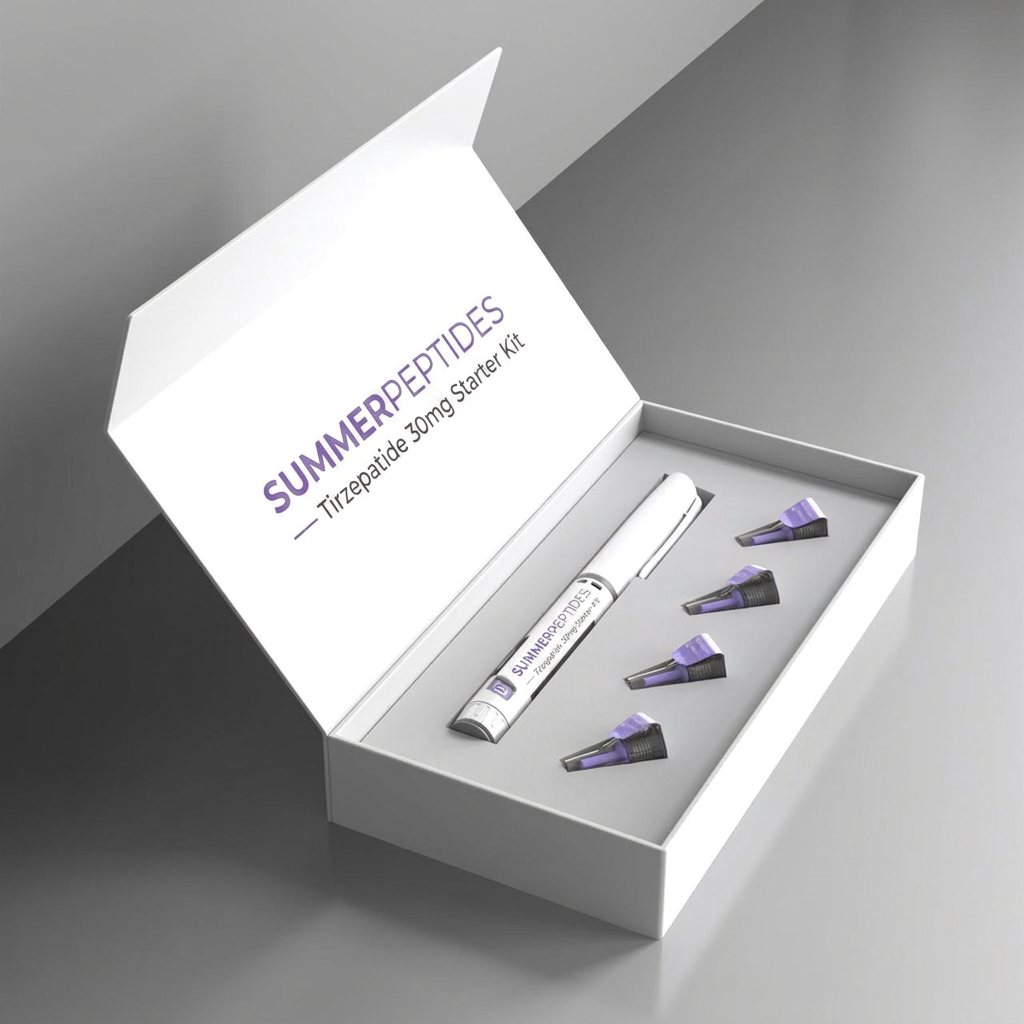 Open white SummerPeptides starter box holding a Tirzepatide 30mg pen and four needle tips