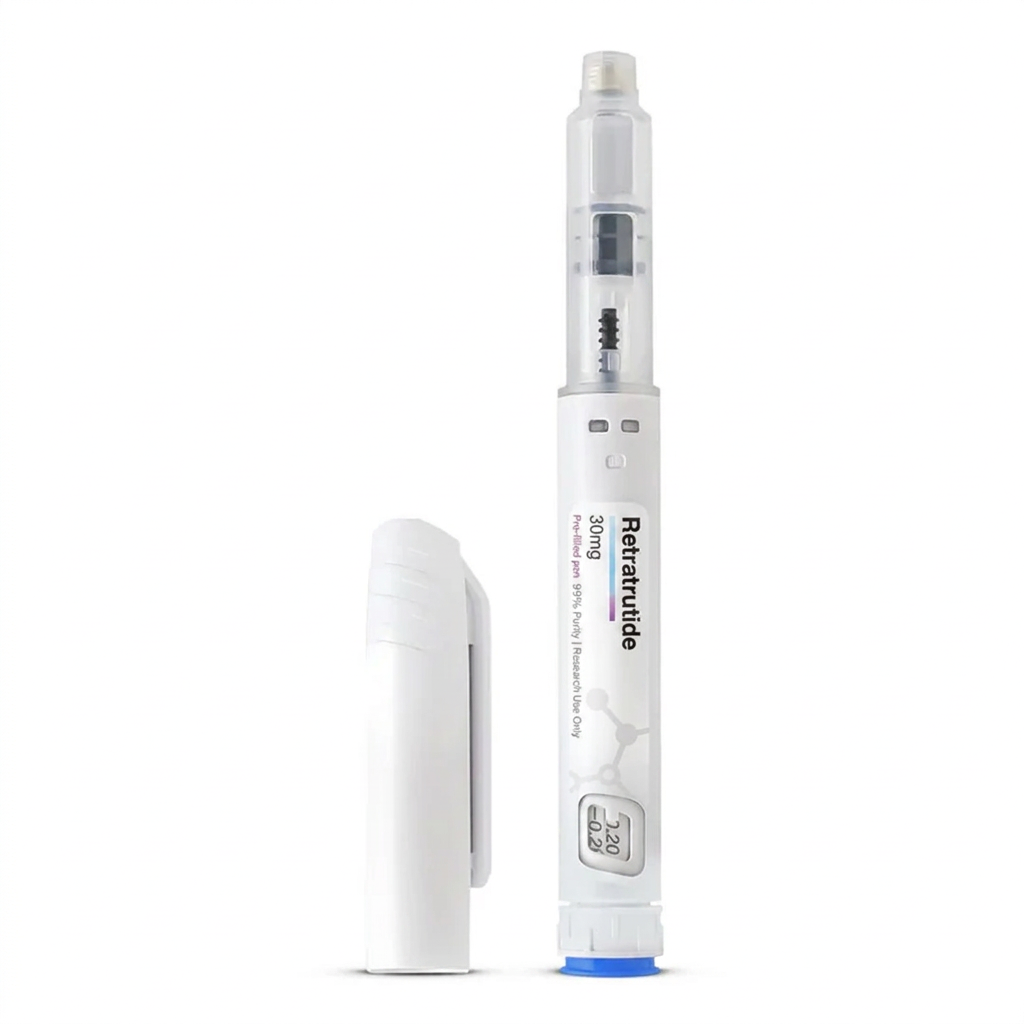 White pre-filled Retatrutide 30mg injection pen with cobalt base ring on warm cream