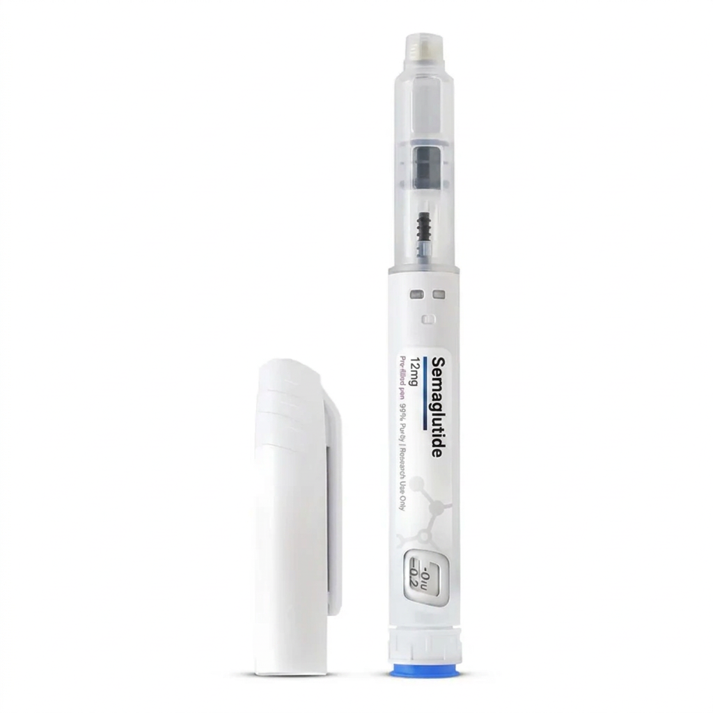 White pre-filled Semaglutide 12mg injection pen with cobalt base ring on warm cream