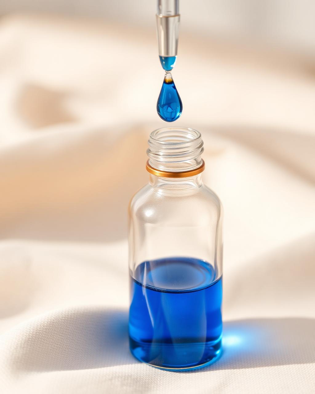Glass dropper bottle of deep blue methylene blue solution