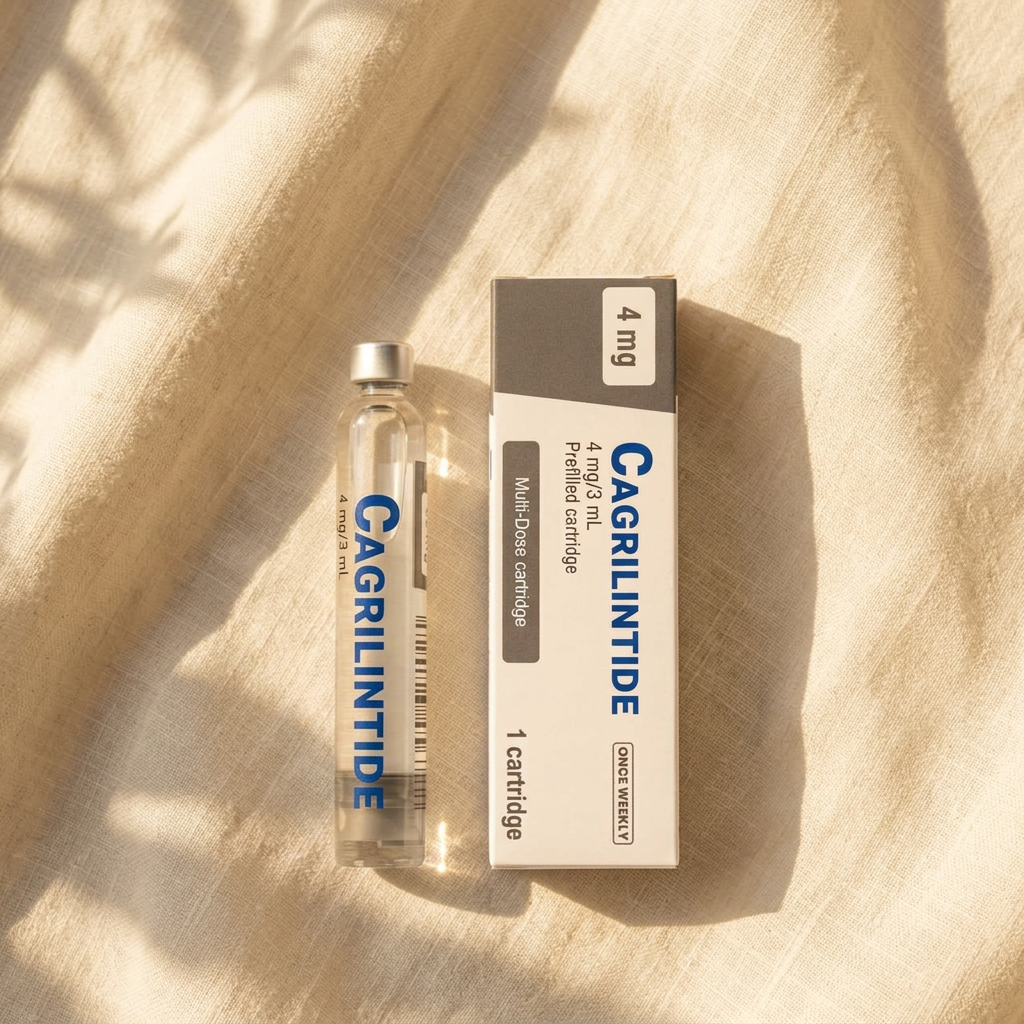 Slim Cagrilintide cartridge with a pale blue label on cream linen