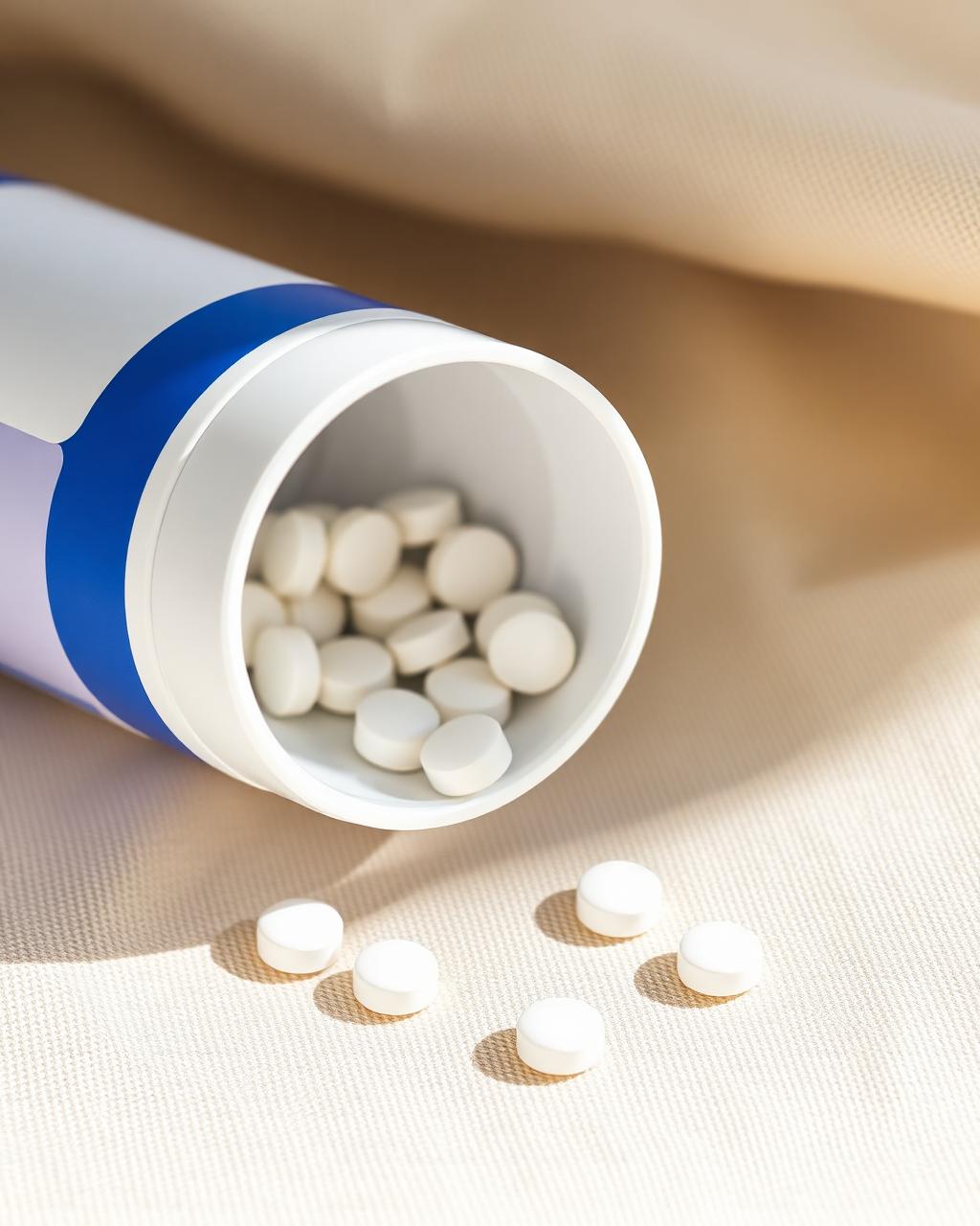 White tablets beside a cobalt-blue and white pill bottle