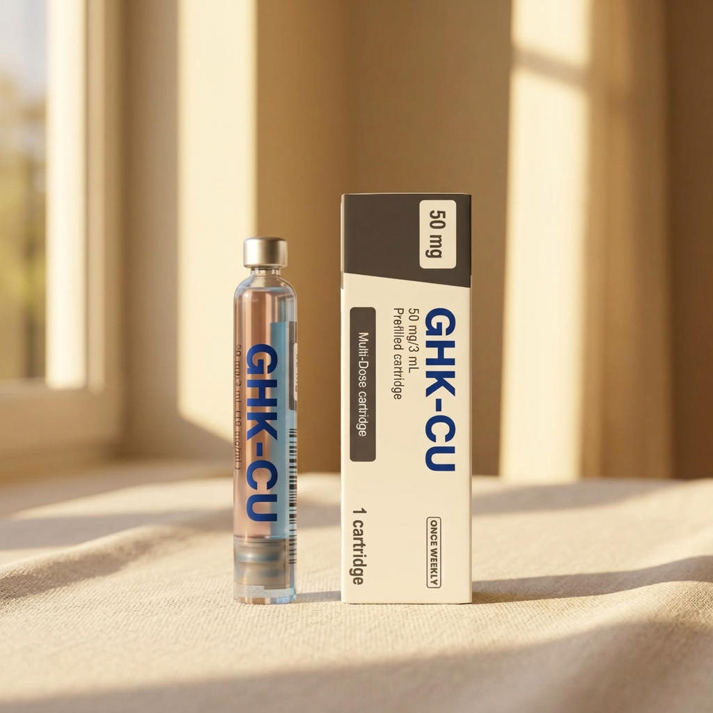 GHK-Cu cartridge beside the copper-peptide serum bottle