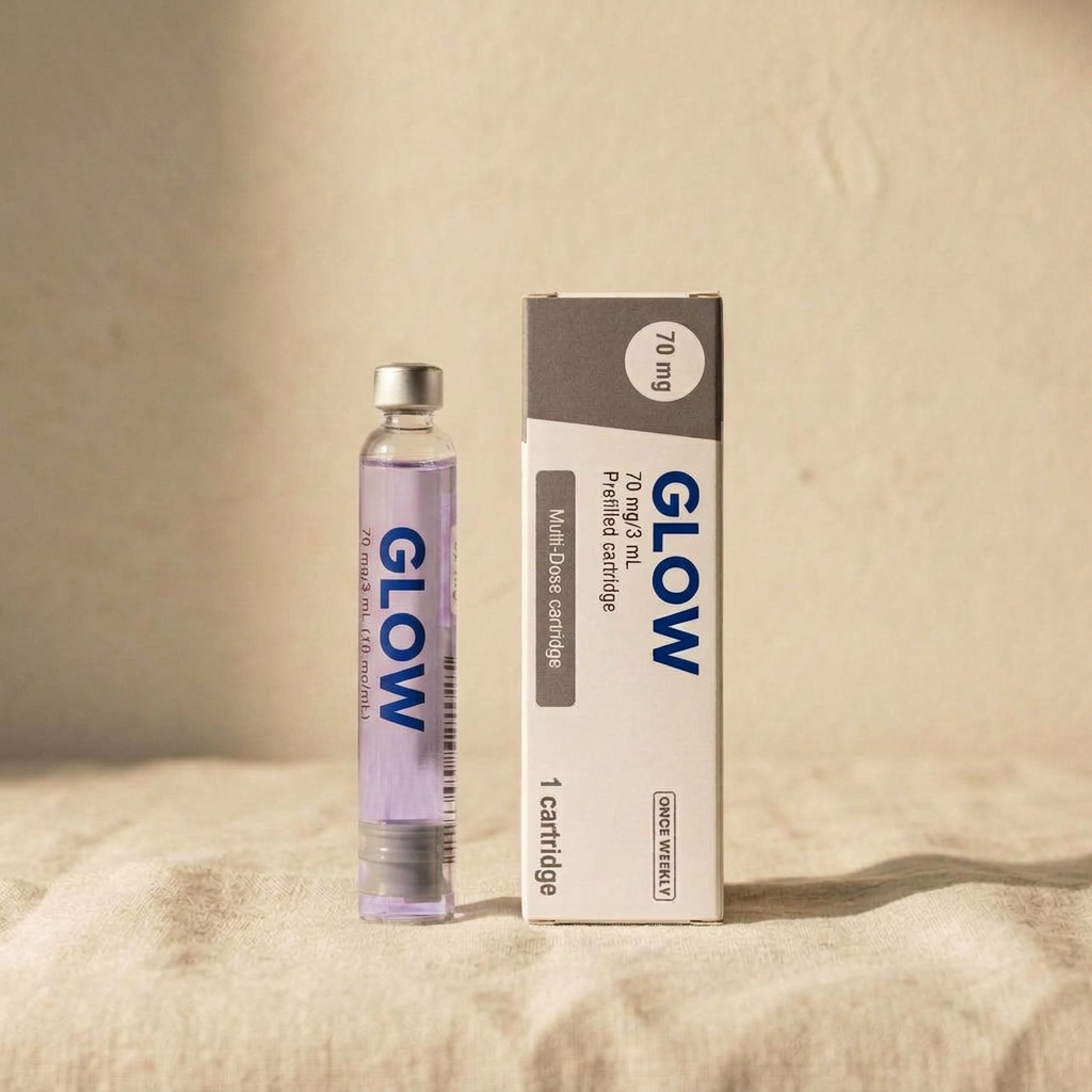 Glow stack cartridge beside the GHK-Cu serum bottle
