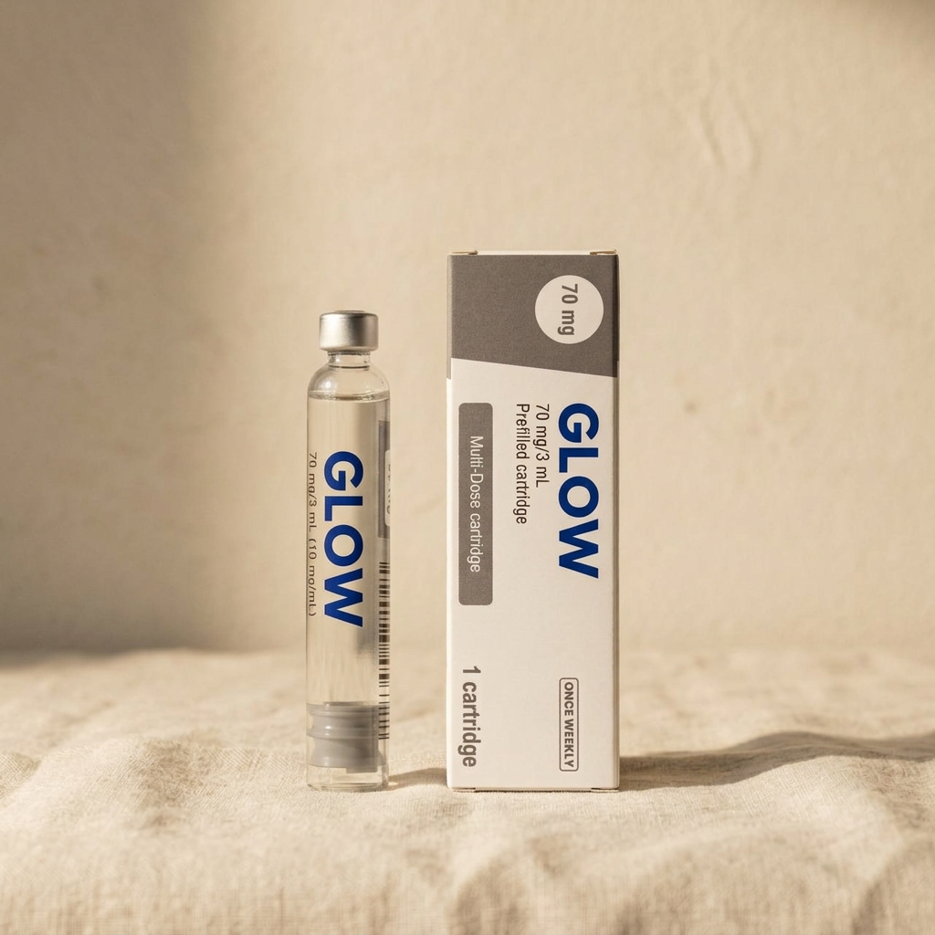 Glow stack cartridge beside the GHK-Cu serum bottle