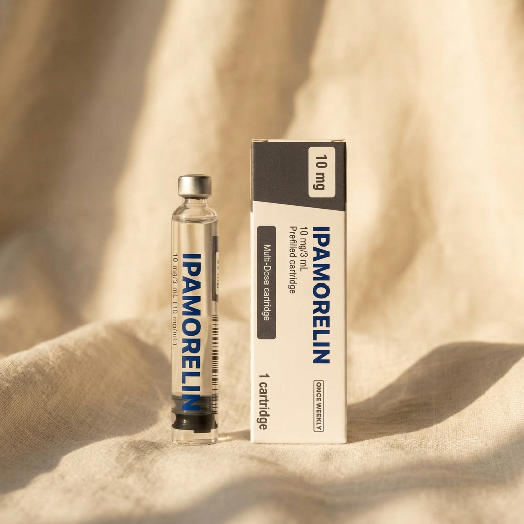 Ipamorelin cartridge with a cobalt-blue label on cream linen