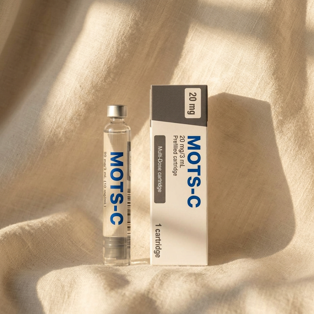 MOTS-c cartridge with a cobalt-blue label on cream linen