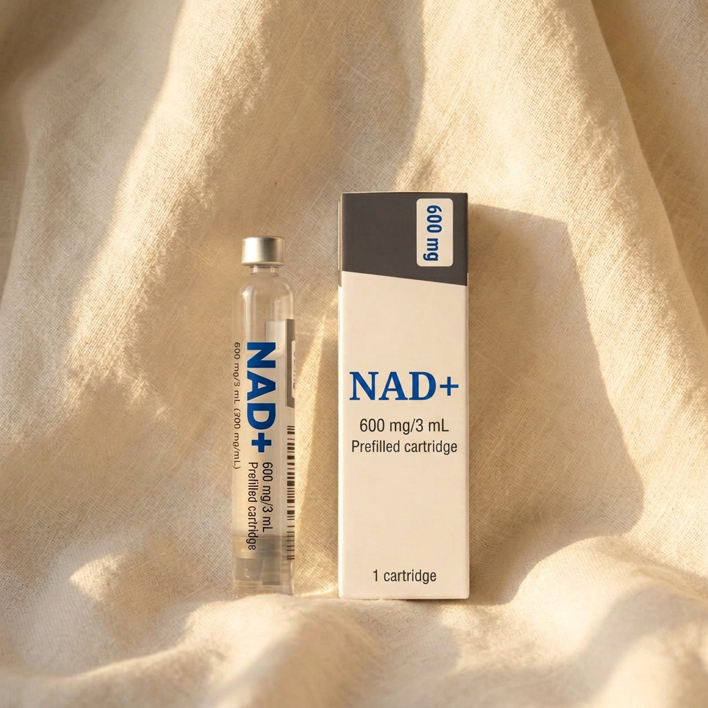 NAD+ cartridge with a cobalt-blue label on cream linen
