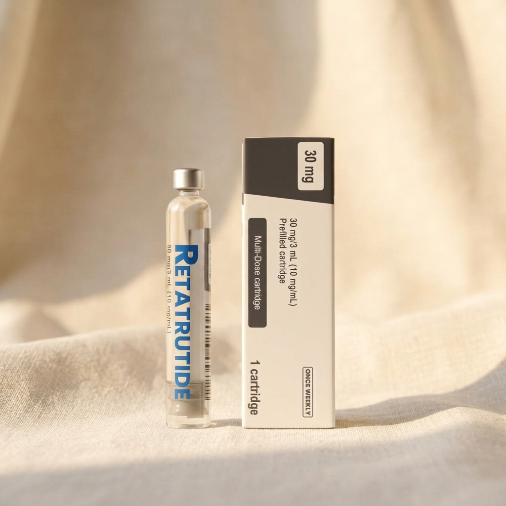 Retatrutide cartridge with cobalt-blue label beside its carton