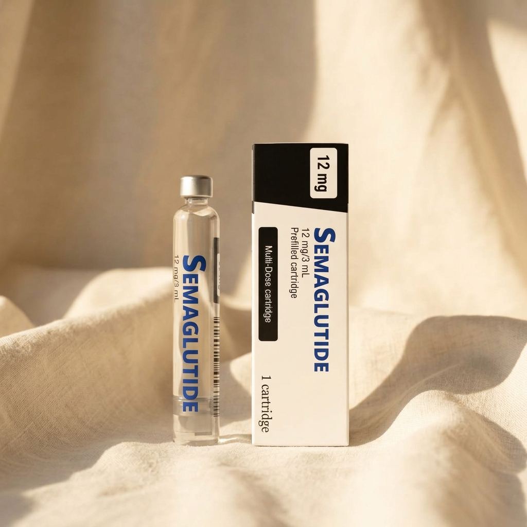 Semaglutide cartridge and pen on warm cloth in golden light