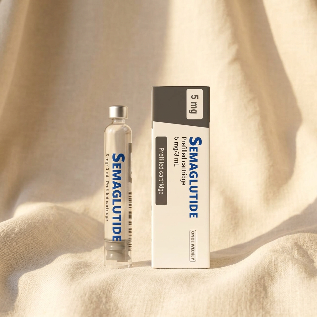 Semaglutide 5 mg cartridge beside its carton on cream linen