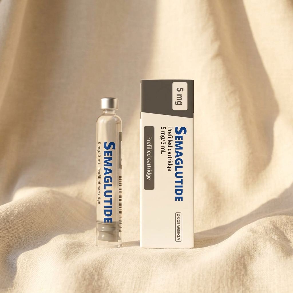 Sema 5 mg cartridge beside its carton on cream linen