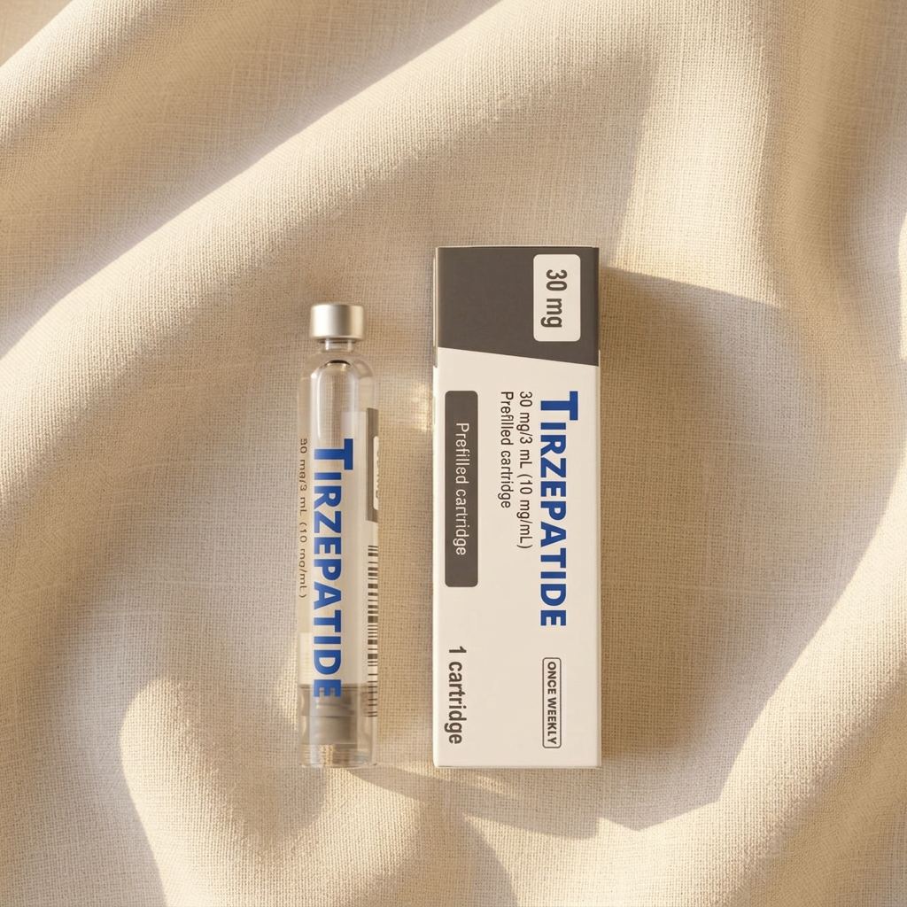 Tirzepatide pen and pink cartridge on soft cloth in morning light