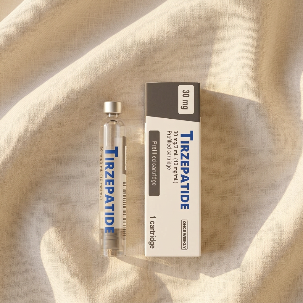 Tirzepatide pen, white body with a blue cap, on cream linen