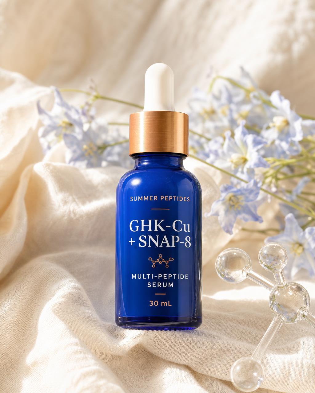 Blue glass dropper bottle of GHK-Cu peptide serum